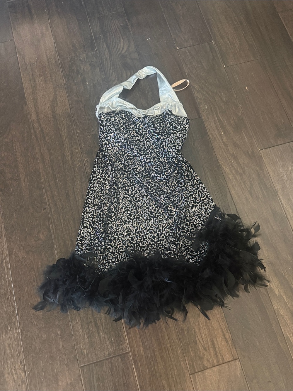 Adult small dance costume. Black Sequin Halter Dress with Feather Hem
